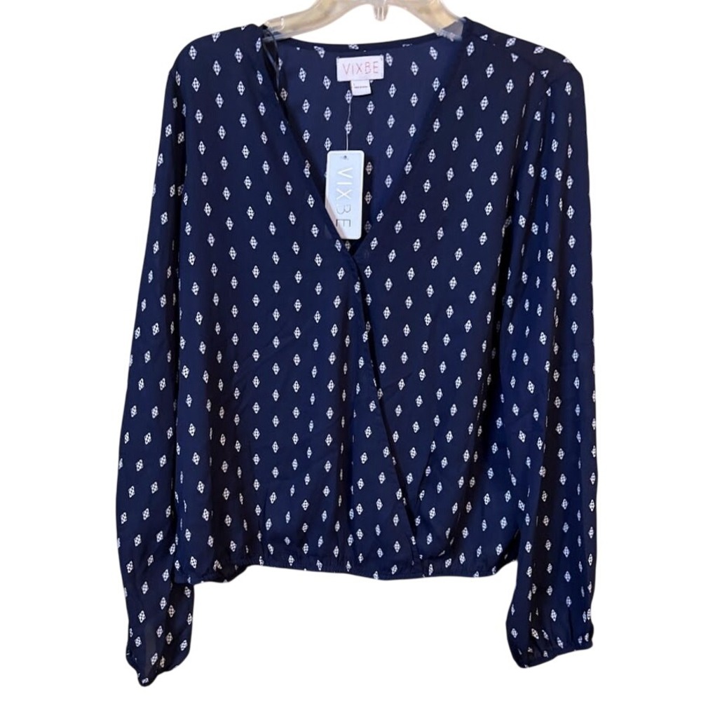 VIXBE Blouse Womens Large Navy Blue NEW Long Sleeve Geometric Faux Wrap Top